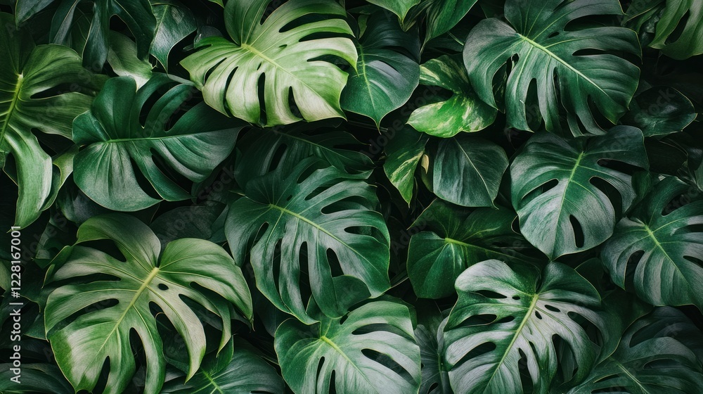 Lush Green Monstera Leaves Background Texture