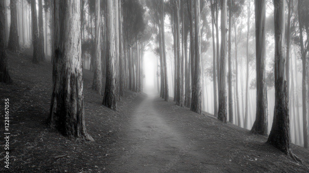 Naklejka premium Foggy Forest Path Through Tall Eucalyptus Trees