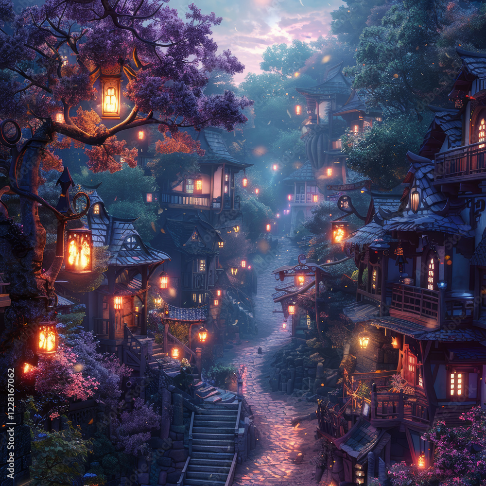 Obraz premium Enchanting lantern festival serene village digital art twilight wide angle mystical atmosphere