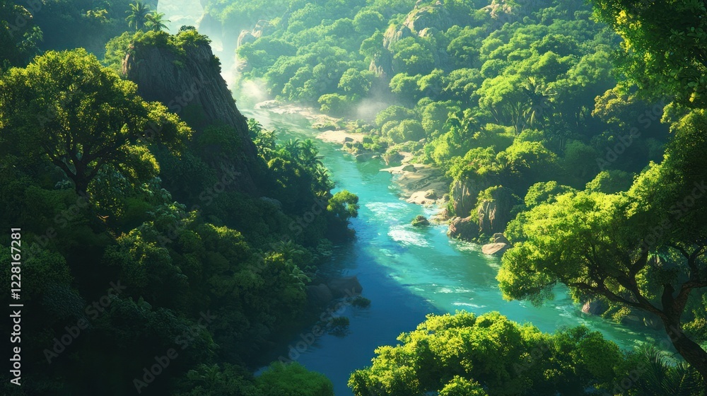 Lush Jungle River Valley Scene With Green Trees Lush Jungle River Valley Scene With Green Trees