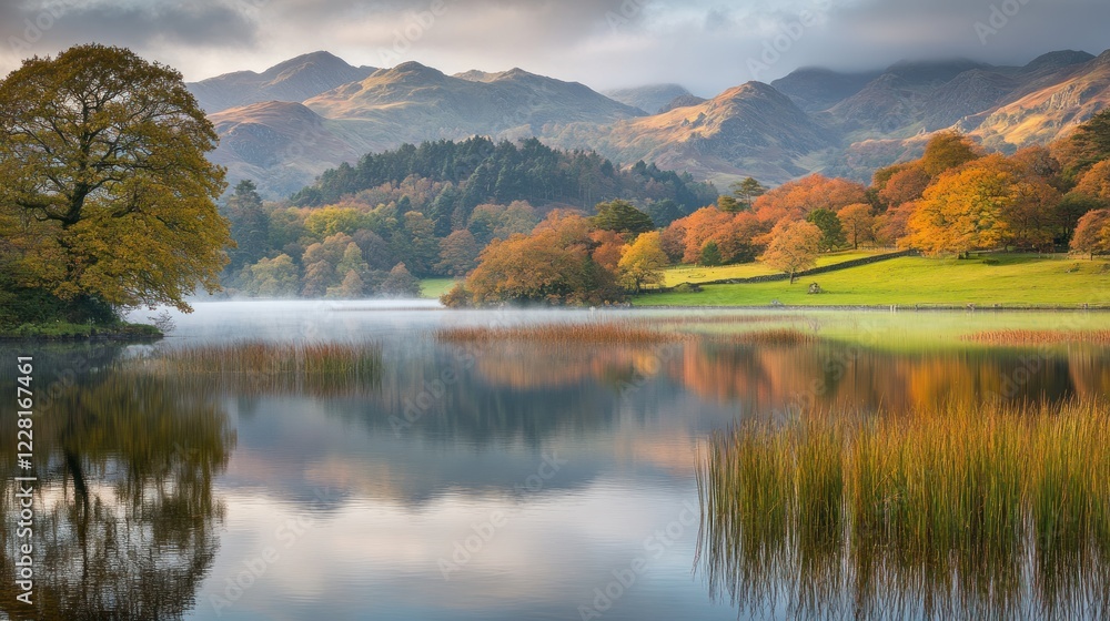Autumnal Lake and Mountain Reflection Scene Autumnal Lake and Mountain Reflection Scene