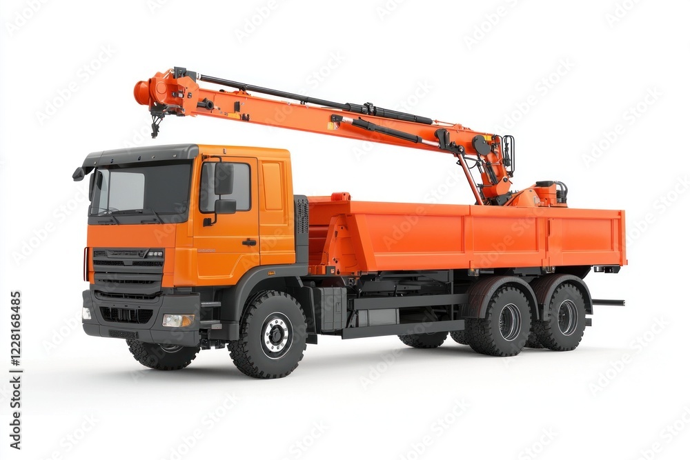 Naklejka premium Crane Truck realistic isolated on white background. Heavy Machinery. Construction Vehicle. Mobile Crane. Truck with Crane Arm. Crane Truck Design Element. Realistic Crane Truck isolated for Designers.