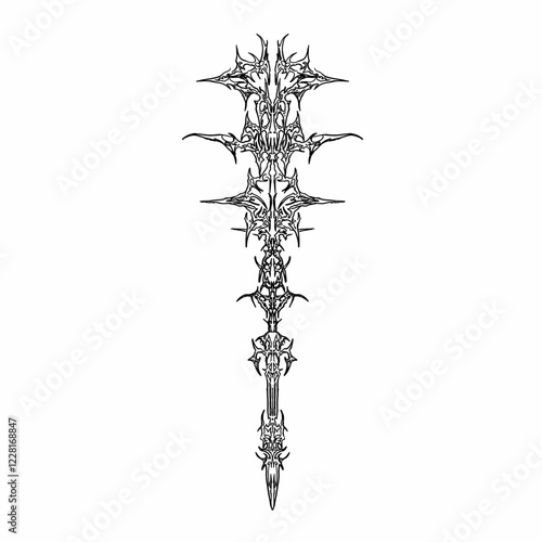 Cyber gothic sigilism symmetrical shapes, neo tribal dark elements vector illustration on white background