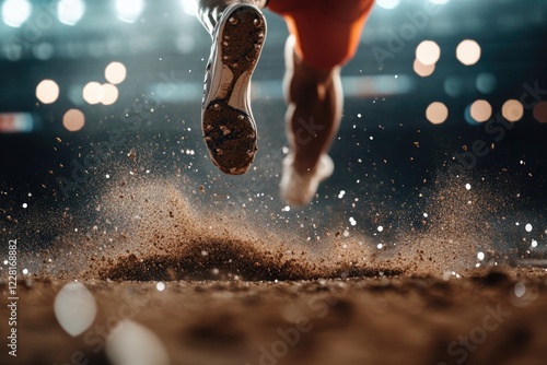cinematic ultra-detailed shot of male long jumper mid-air legs stretched forward quadriceps and calf muscles fully