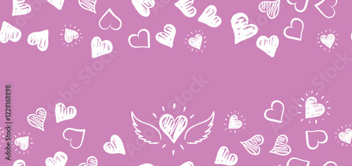 White Hearts set on pink, hand drawn illustrations	
