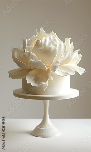 A white cake with large sugar lotus petals on top, placed on an elegant stand against a clean background
