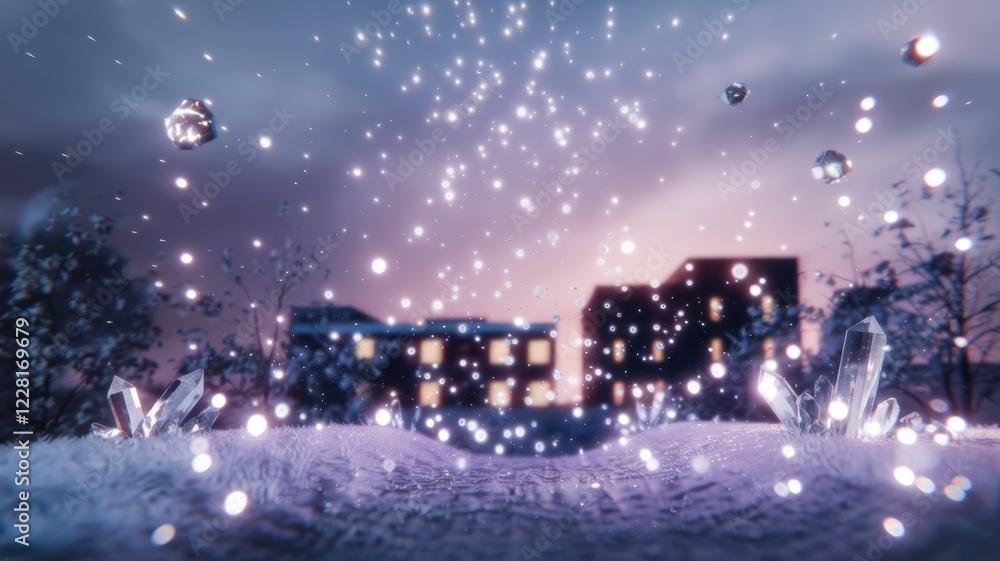 Crystalline snow falls on a winter night, illuminating snow-covered buildings with a magical glow. Crystalline snow falls on a winter night, illuminating snow-covered buildings with a magical glow.