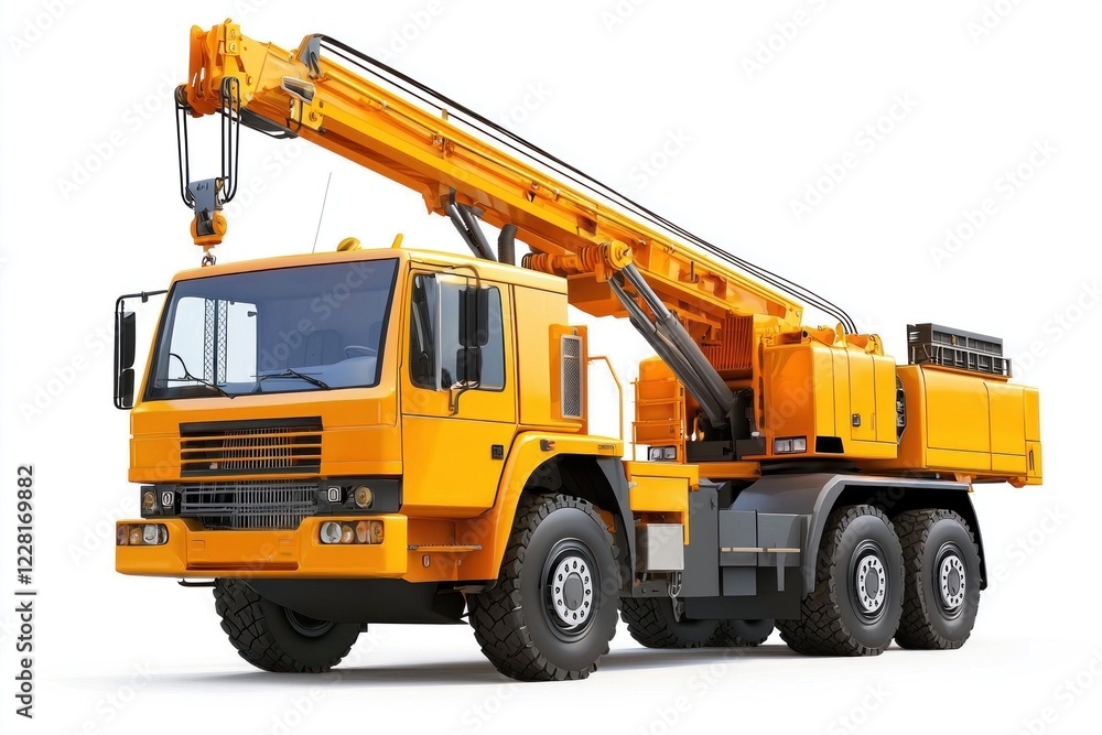Fototapeta premium Crane Truck realistic isolated on white background. Heavy Machinery. Construction Vehicle. Mobile Crane. Truck with Crane Arm. Crane Truck Design Element. Realistic Crane Truck isolated for Designers.
