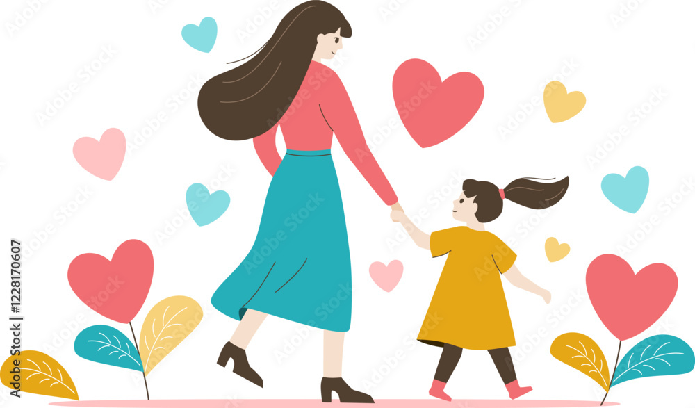 Vector illustration of a mother and daughter holding hands together. A modern flat design with hearts and leaves, symbolizing love, care, and family bonding. Vector illustration of a mother and daughter holding hands together. A modern flat design with hearts and leaves, symbolizing love, care, and family bonding.