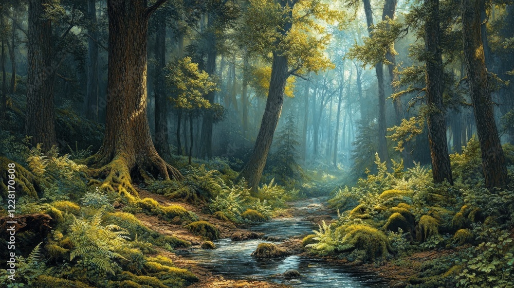 Obraz premium Sunlit stream flows through a lush green forest