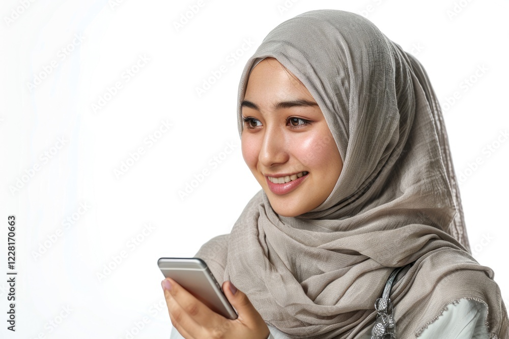 Asian Muslim woman smiling while using mobile phone. Asian Muslim woman smiling while using mobile phone.