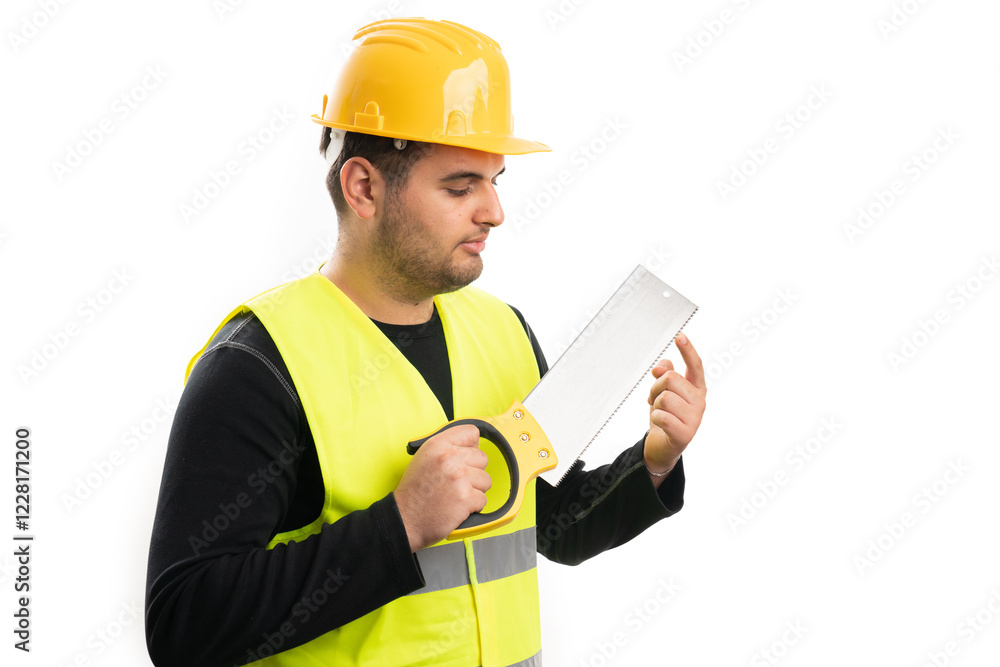 Construction worker wearing helmet and vest touching hand saw Construction worker wearing helmet and vest touching hand saw