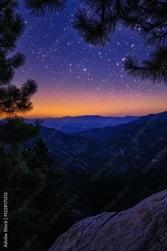Naklejka premium Mountain landscape under a starry sky during twilight