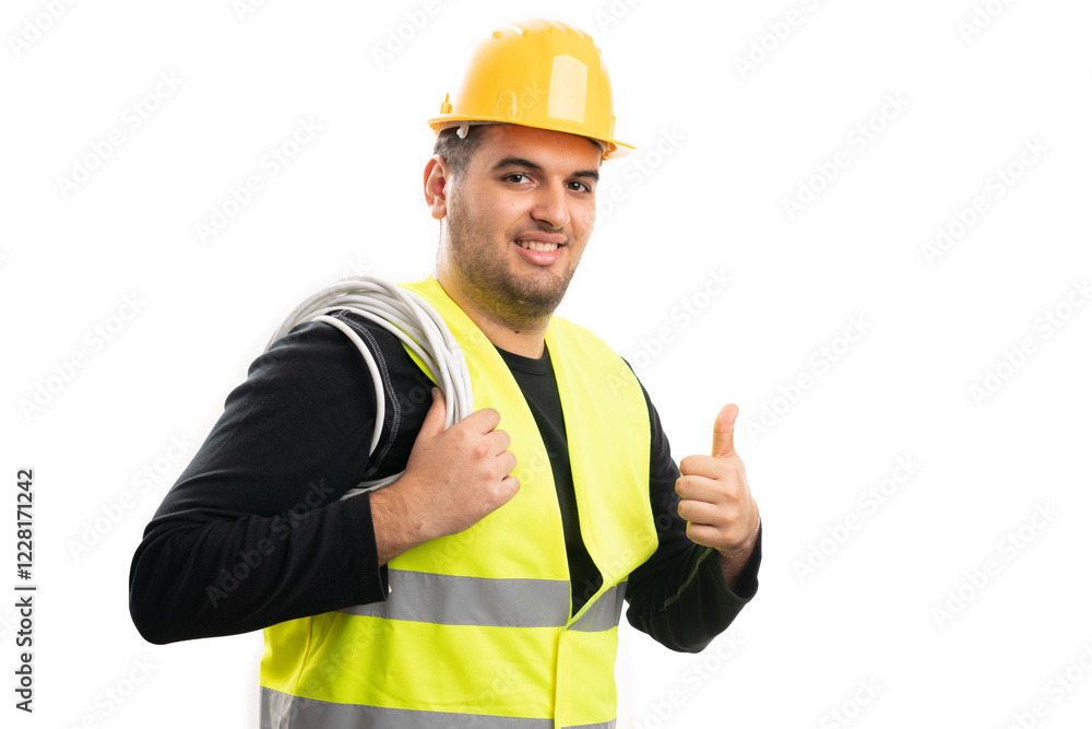 Smiling constructor holding extension cord showing thumb up Smiling constructor holding extension cord showing thumb up