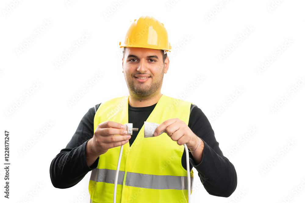 Friendly construction worker connecting plug extension cord Friendly construction worker connecting plug extension cord