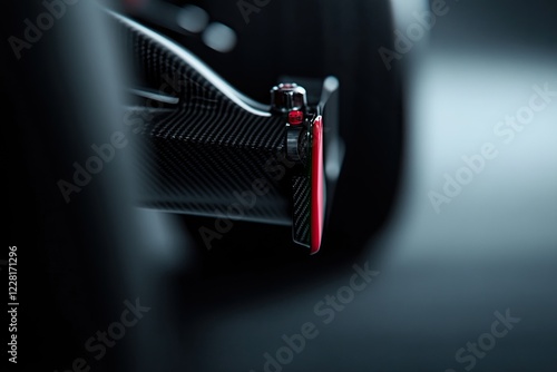 macro shot of f1 car front wing and suspension extreme focus on intricate carbon fiber aerodynamics