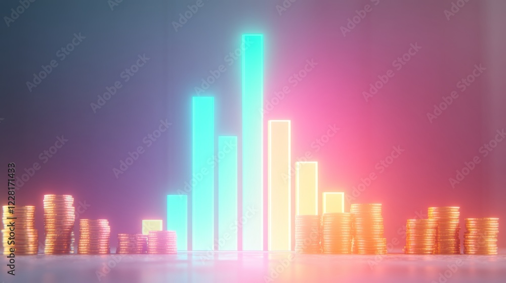 Fototapeta premium Neon Financial Growth Bar Graph with Stacked Gold Coins Representing Economic Success and Investment Potential 