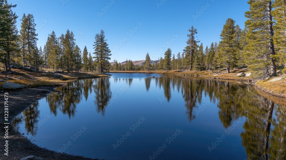 Serene mountain lake reflecting pine trees and sky Serene mountain lake reflecting pine trees and sky