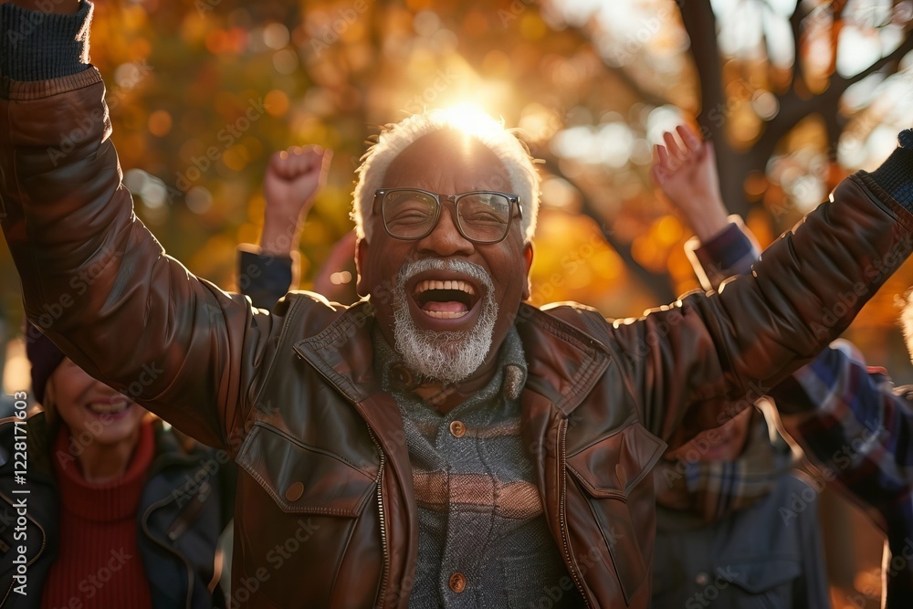 group of seniors joyfully dancing and celebrating their active retirement life together in a park, displaying energy and happiness in their social support system. group of seniors joyfully dancing and celebrating their active retirement life together in a park, displaying energy and happiness in their social support system.
