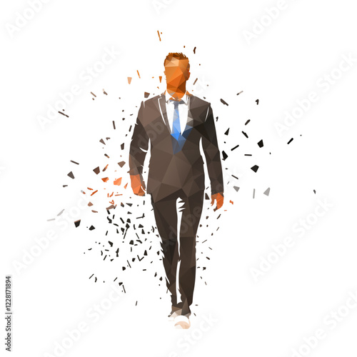 Businessman walking forward, geometric clip art, isolated low poly vector illustration with dispersion effect. Isolated business people