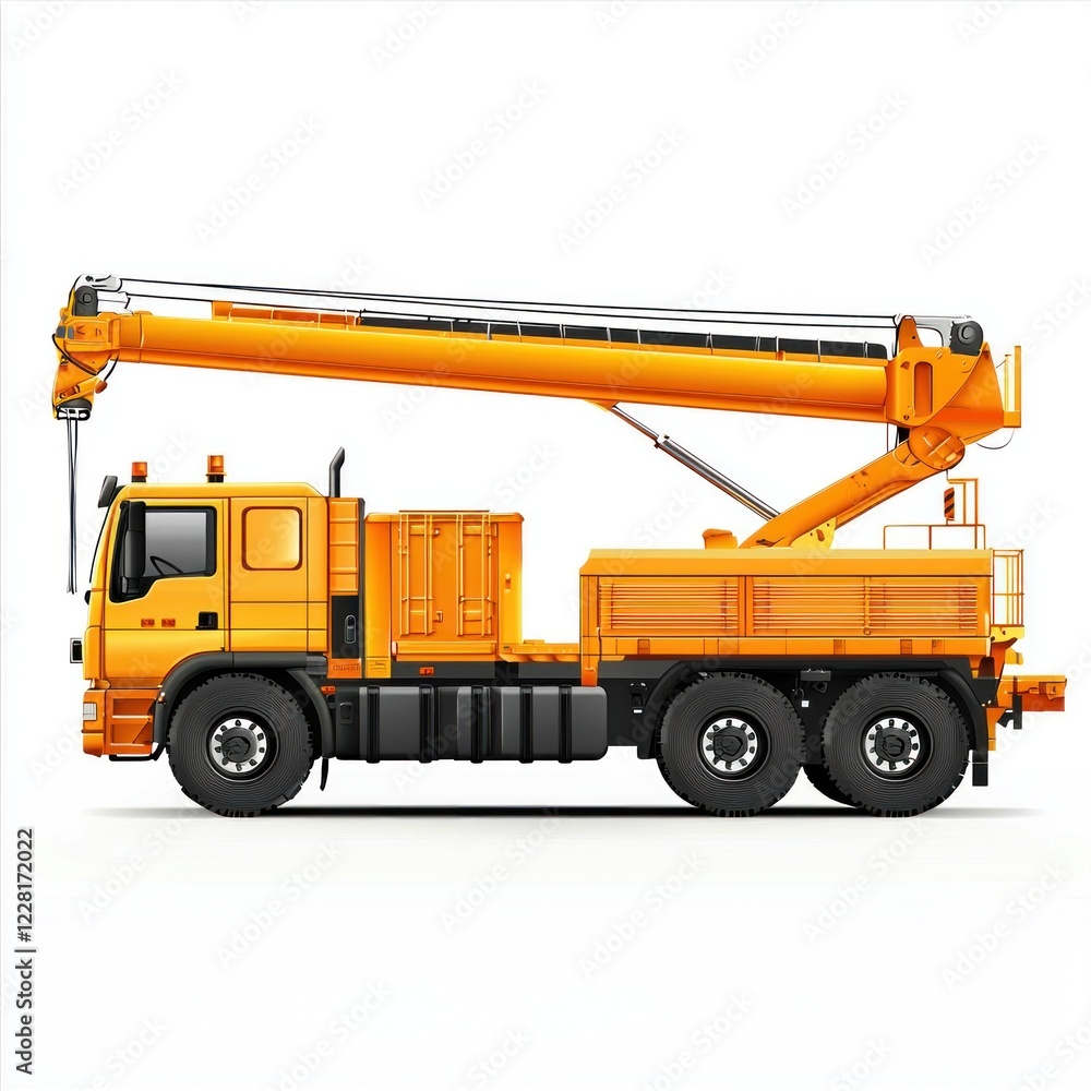 Fototapeta premium Crane Truck realistic isolated on white background. Heavy Machinery. Construction Vehicle. Mobile Crane. Truck with Crane Arm. Crane Truck Design Element. Realistic Crane Truck isolated for Designers.