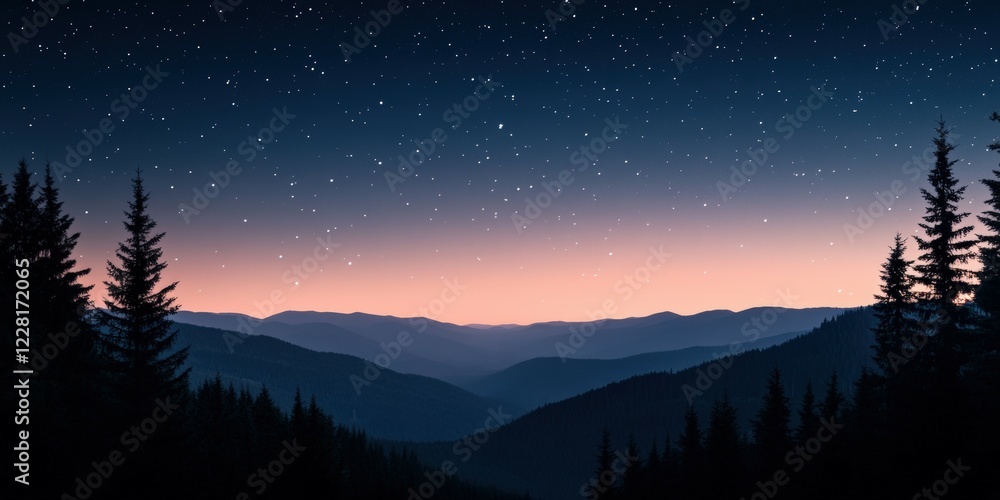 Fototapeta premium Starry night sky viewed from a mountain ridge at dusk
