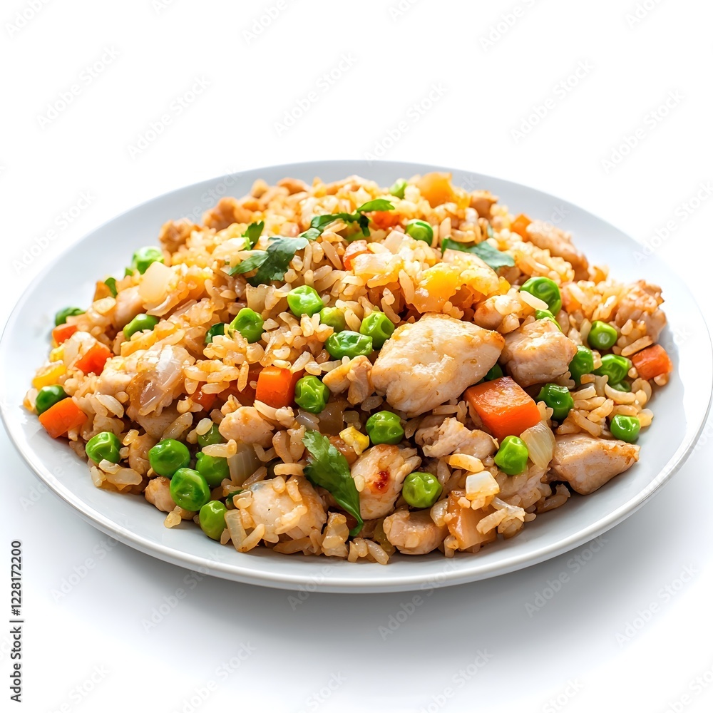 Studio shot of a plate of chicken fried rice. Isolated on a plain white background Studio shot of a plate of chicken fried rice. Isolated on a plain white background