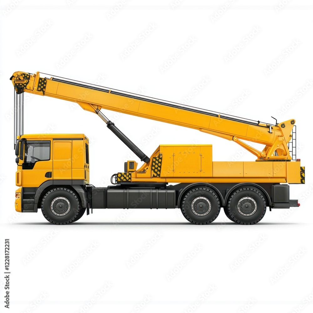Fototapeta premium Crane Truck realistic isolated on white background. Heavy Machinery. Construction Vehicle. Mobile Crane. Truck with Crane Arm. Crane Truck Design Element. Realistic Crane Truck isolated for Designers.