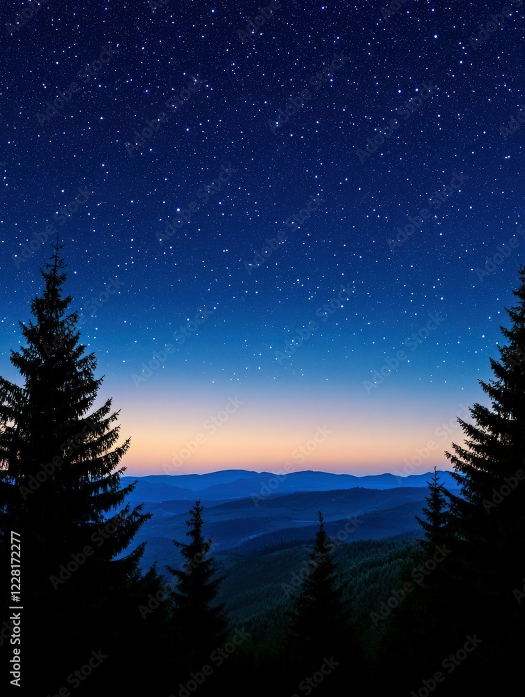 Fototapeta premium Starry night sky over mountain landscape at dusk