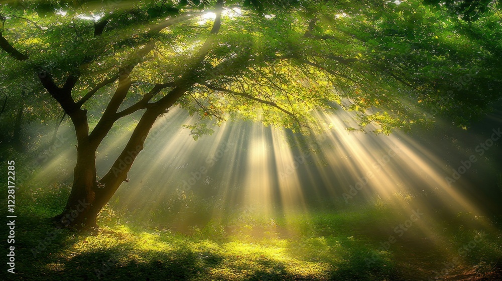 Fototapeta premium Sunbeams Illuminate Lush Green Forest Canopy And Tree