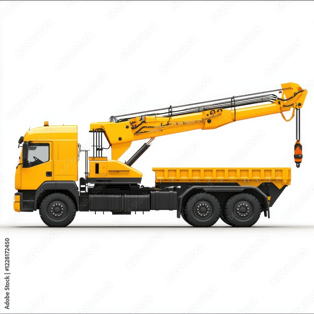 Crane Truck realistic isolated on white background. Heavy Machinery. Construction Vehicle. Mobile Crane. Truck with Crane Arm. Crane Truck Design Element. Realistic Crane Truck isolated for Designers.