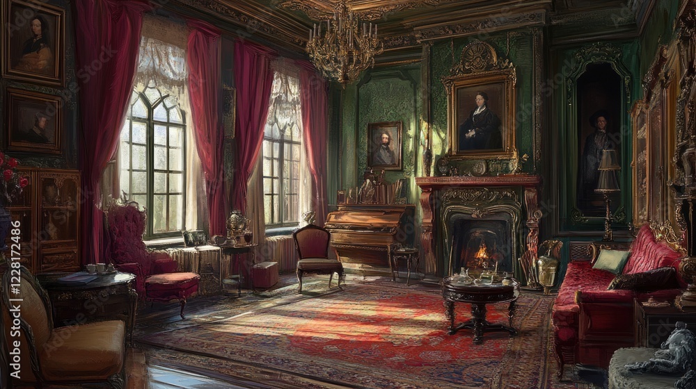 Fototapeta premium Elegant Victorian Drawing Room With Portraits and Fireplace