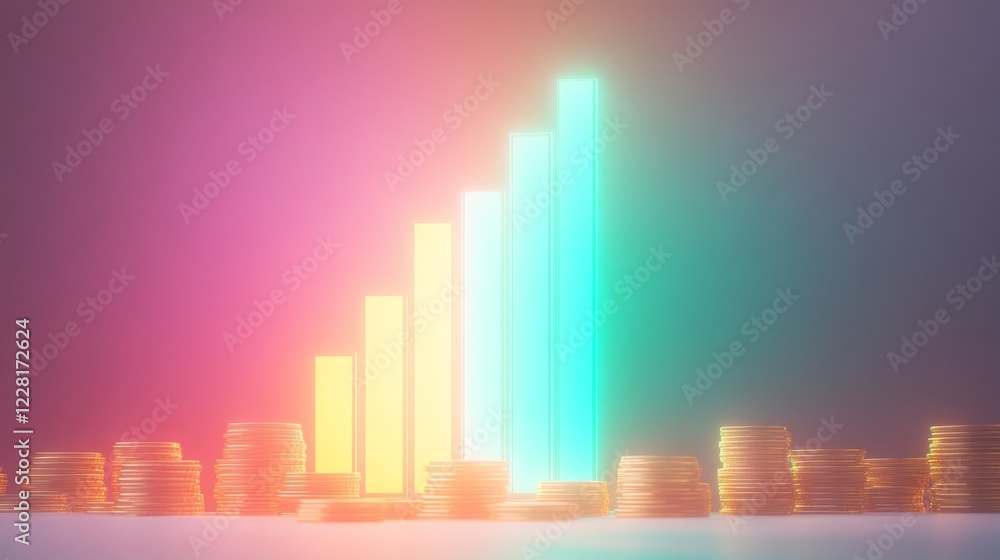 Neon Financial Growth Bar Graph with Stacked Gold Coins Representing Economic Success and Investment Potential Neon Financial Growth Bar Graph with Stacked Gold Coins Representing Economic Success and Investment Potential