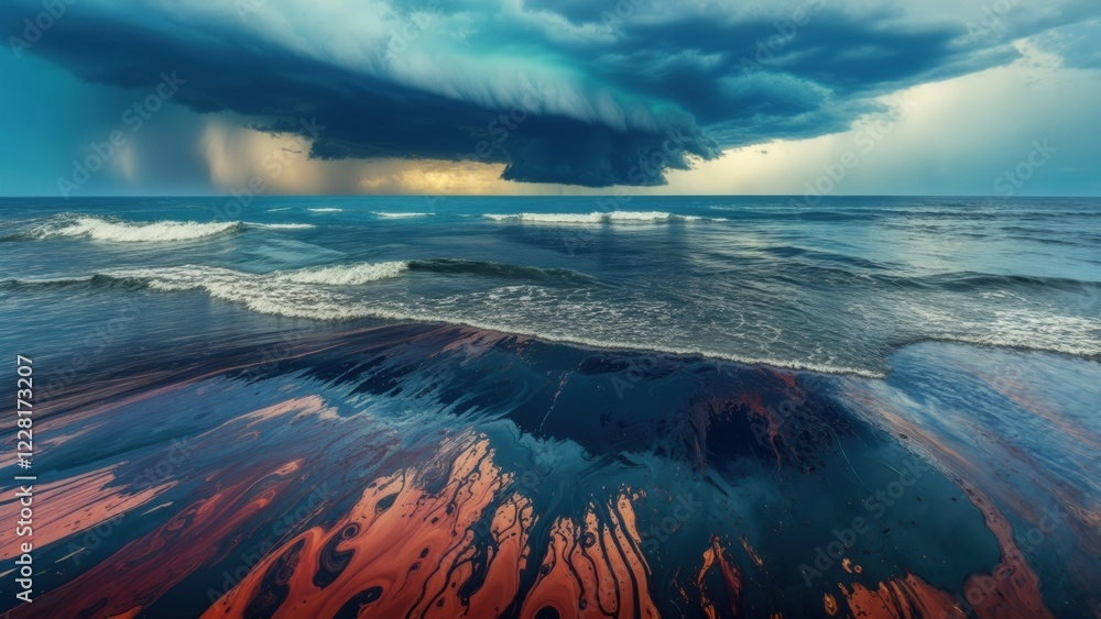 Naklejka premium Dramatic clouds gather over the ocean at sunset creating a moody atmosphere