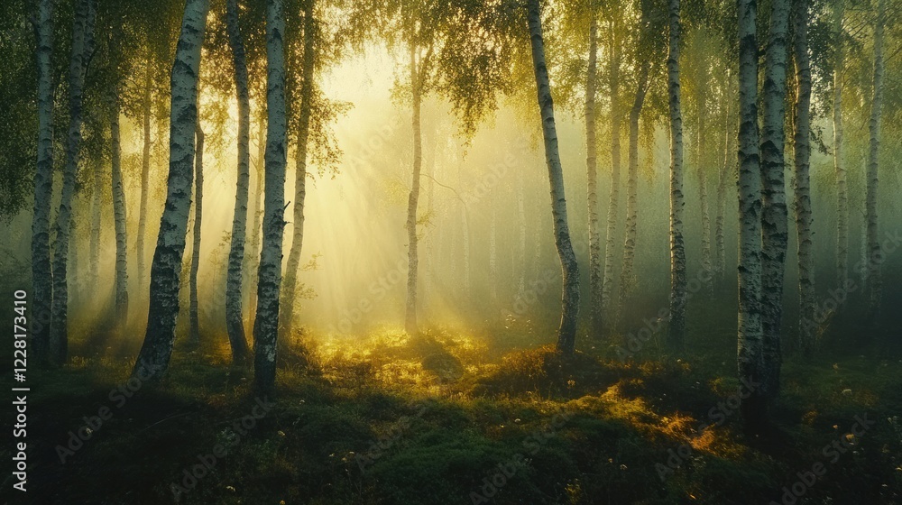 Fototapeta premium Sunlit Birch Forest Morning Mist Enchanting Scene