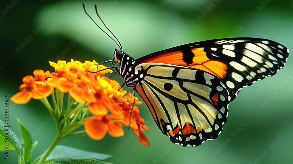 Fototapeta premium A Beautiful Butterfly Feeding on Orange Flowers