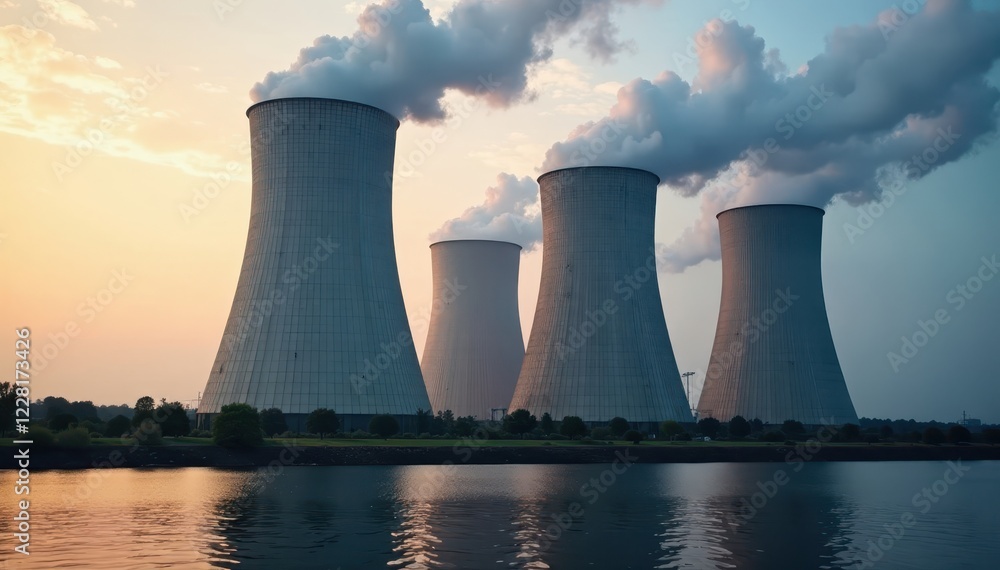 Imposing nuclear power plant with colossal cooling towers , clouds, electricity generation Imposing nuclear power plant with colossal cooling towers , clouds, electricity generation