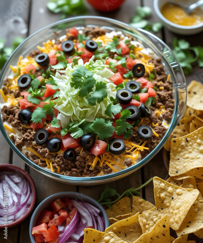 A delicious and vibrant taco dip with ground beef, presented in a round glass dish. The dip is layered beautifully with seasoned ground beef, creamy cheese mixture, shredded lettuce, diced tomatoes