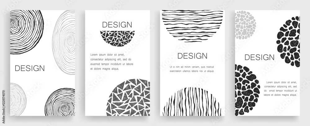 Set of posters with black and white design drawn by hand. Texture of ink drawings. Shapes of circles and semicircles and triangles. Set of posters with black and white design drawn by hand. Texture of ink drawings. Shapes of circles and semicircles and triangles.
