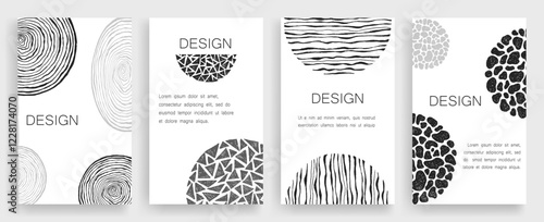 Set of posters with black and white design drawn by hand. Texture of ink drawings. Shapes of circles and semicircles and triangles.
