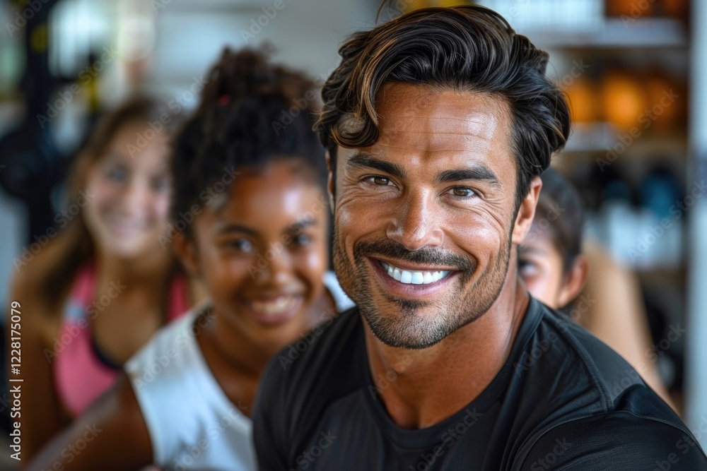 Small business owner of athletic gym smiling trainer instructor posing for a portrait with students Small business owner of athletic gym smiling trainer instructor posing for a portrait with students