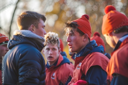 Rugby players and their coach gathering before a match photo