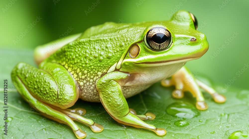 Naklejka premium Green frog sitting on a dewy leaf
