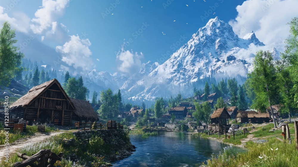 Fototapeta premium Mountain Village Beside Tranquil River Under Blue Sky