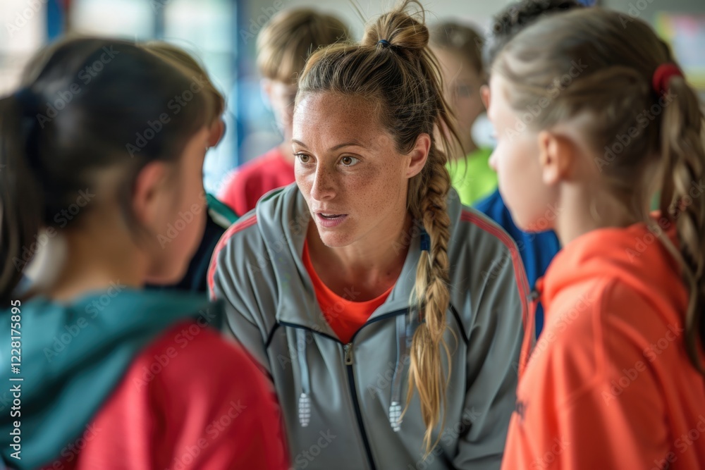 Obraz premium Female coach and group of kids analyzing game plan during PE class at school gym.