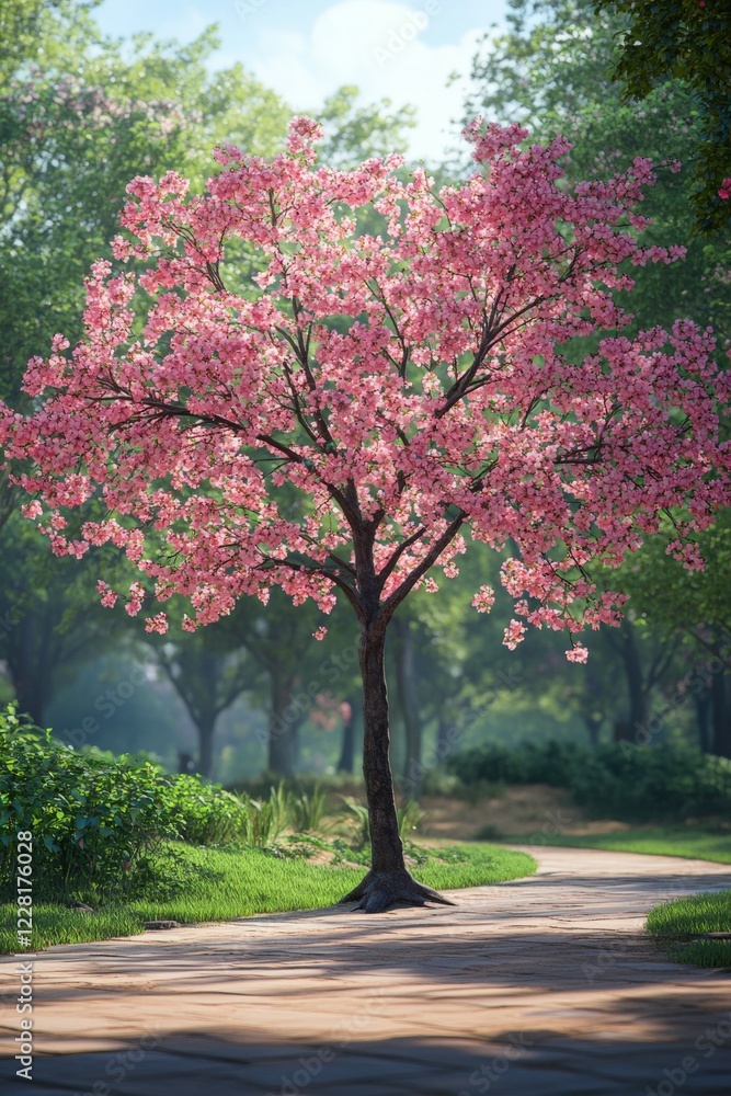 Naklejka premium Beautiful pink flowering tree in a serene park setting