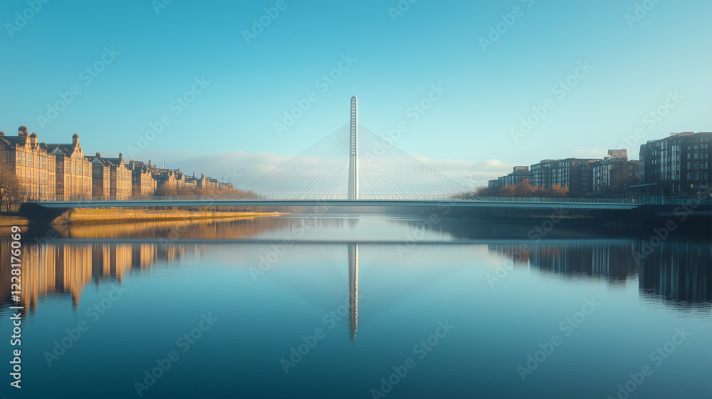 Obraz premium A sleek, modern bridge over a calm river