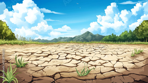 Dry farmland with cracked soil, struggling crops under a harsh sun photo