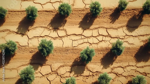 Dry farmland with cracked soil, struggling crops under a harsh sun photo