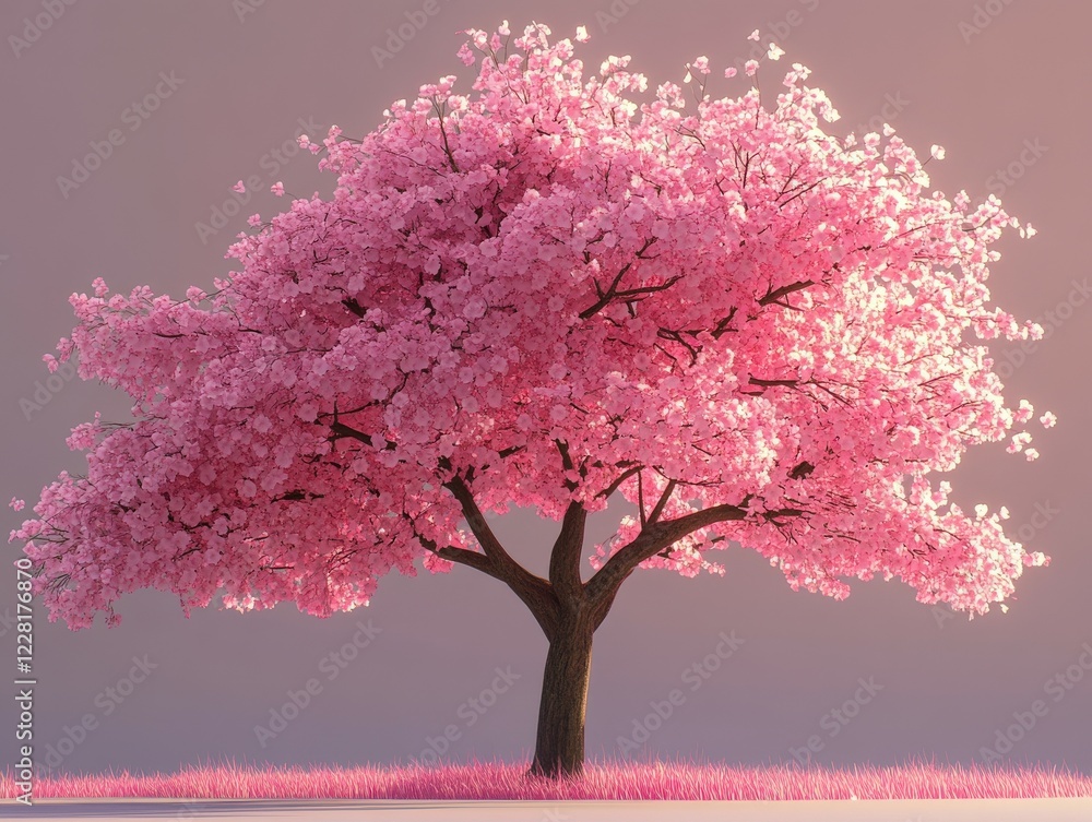 Fototapeta premium Cherry blossom tree in full bloom on a serene evening